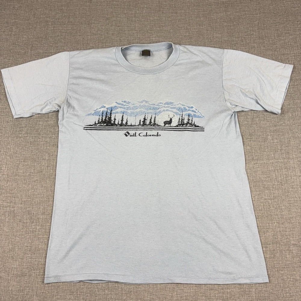 Vintage Vail Colorado Shirt Mens Large Blue Mountain Deer Graphic Tee 80s
